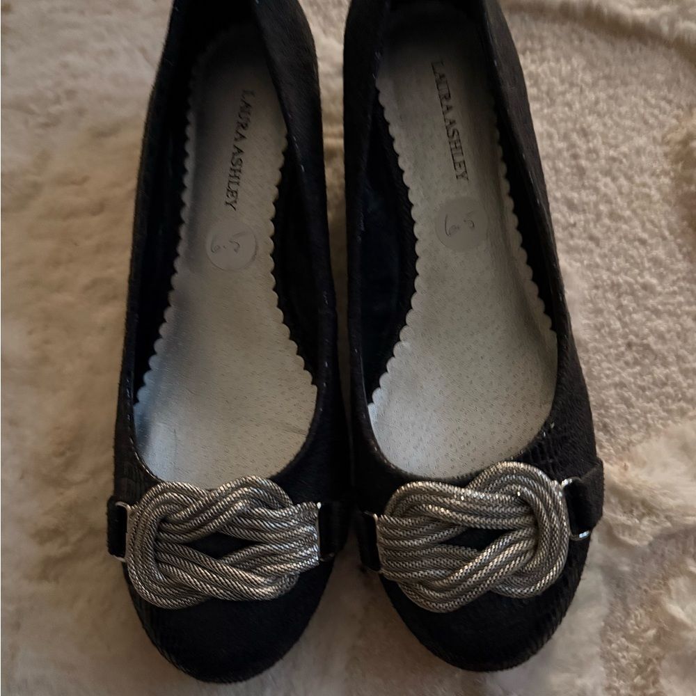Laura Ashley Black Flats with Silver Knot Detail